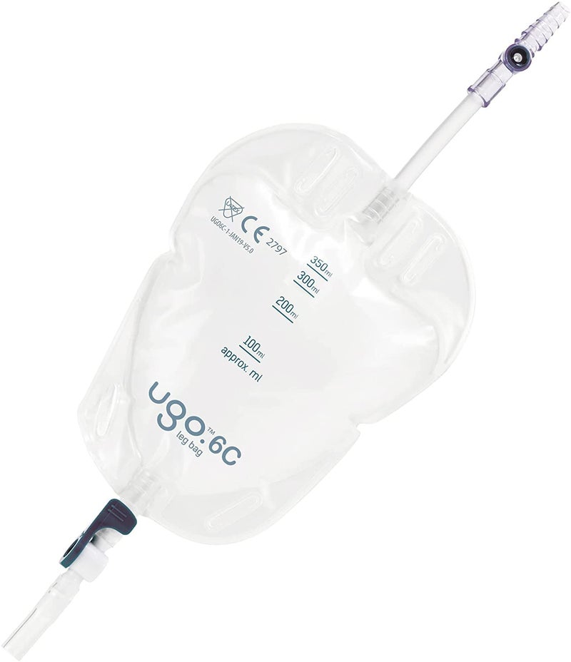 Ugo Leg Bags â€“ Urine Drainage Bags/Catheter Leg Bags, T Tap or Lever Tap with Soft Fabric Backing and a Natural Leg-Shape Design (Pack of 10) (6C - 350ml, Short Tube, Lever Tap)
